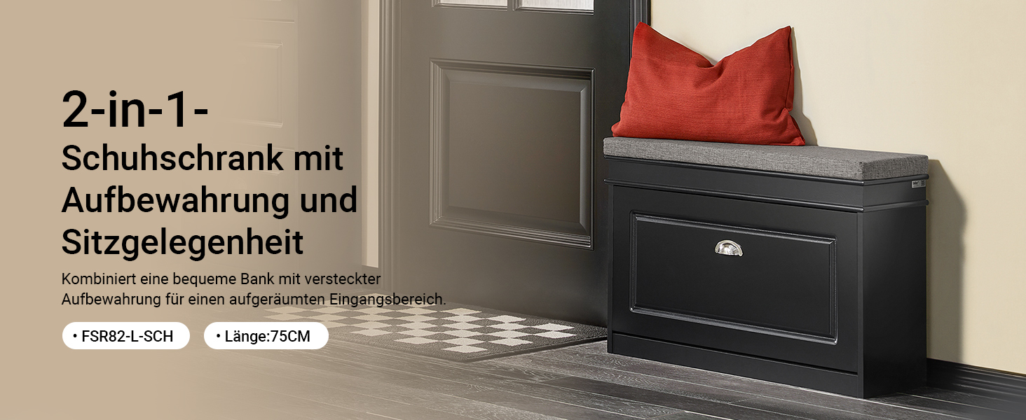 Полка для взуття SoBuy з подушкою для сидіння та місцем для зберігання, вузька, чорна, 60x51x24 см, до 150 кг