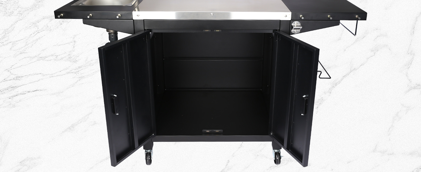 Гриль-вогн на колесах GFTIME: мобільний стіл для піци з нержавіючої сталі, кухонний острів з шафкою та полицями, 154 x 63 x 89 см