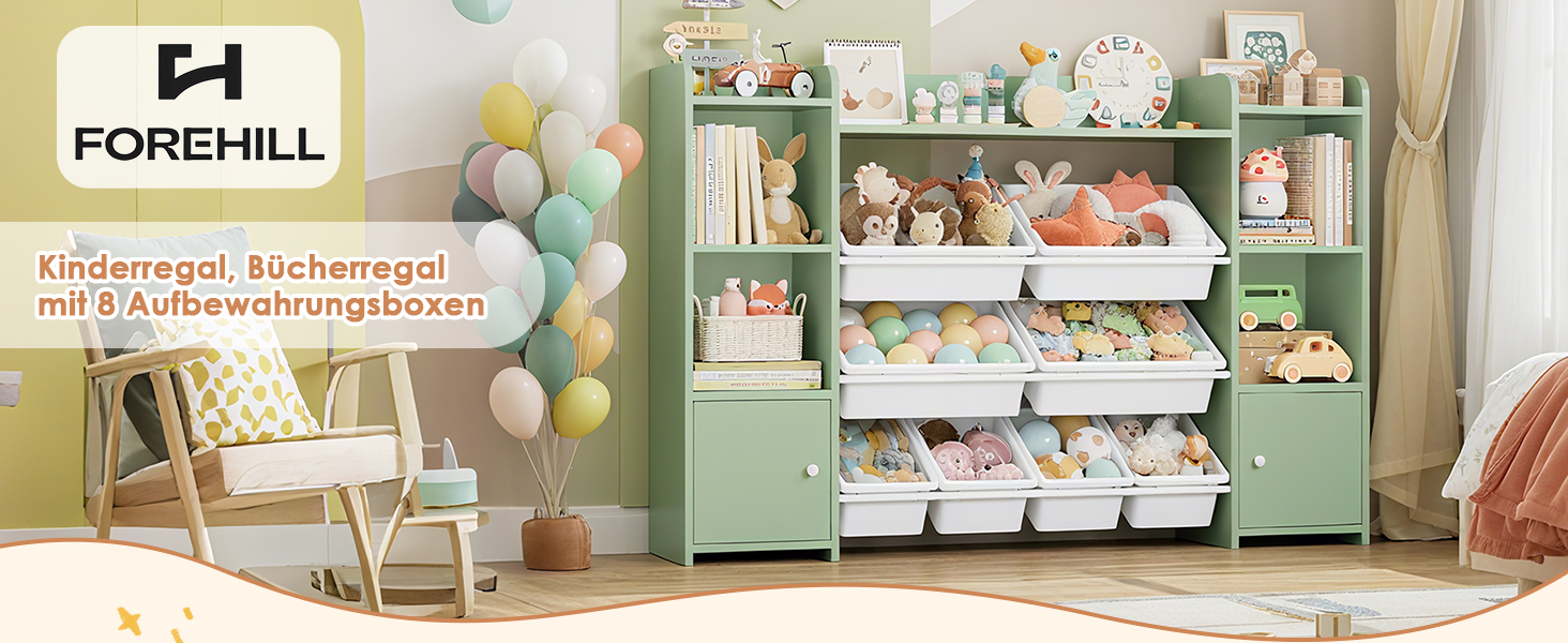FOREHILL Регульована полиця для іграшок з 8 ящиками, дитячий шафка, книжкова полиця для дітей, меблі для дитячої кімнати з ящиком для іграшок, 138,8 x 94,3 x 29,6 см, білий (зелений)