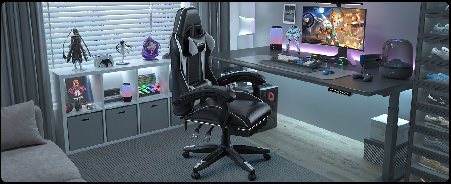 Ігровий крісло Bigzzia з масажем та підніжкою, ергономічний дизайн, регульована спинка 90-135°, з подушками для голови та попереку, білий