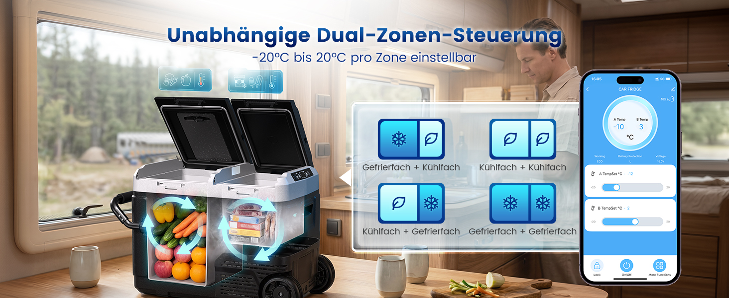 Автомобільний холодильник KROAK з Bluetooth, 50л: 2 зони охолодження (-20°C/+20°C), 12/24/230V, колеса, тихий (45дБ) для авто, кемпінгу, каравану