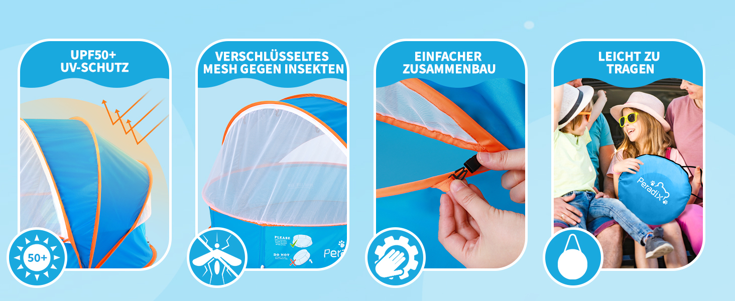 Дитяче ігрове басейн Peradix 4-в-1 з UV-захистом, басейн з кульками, намет, пляжний намет з москітною сіткою, портативне ігрове намет, басейн з кульками, сонцезахист, літо, для дітей (Блакитний)