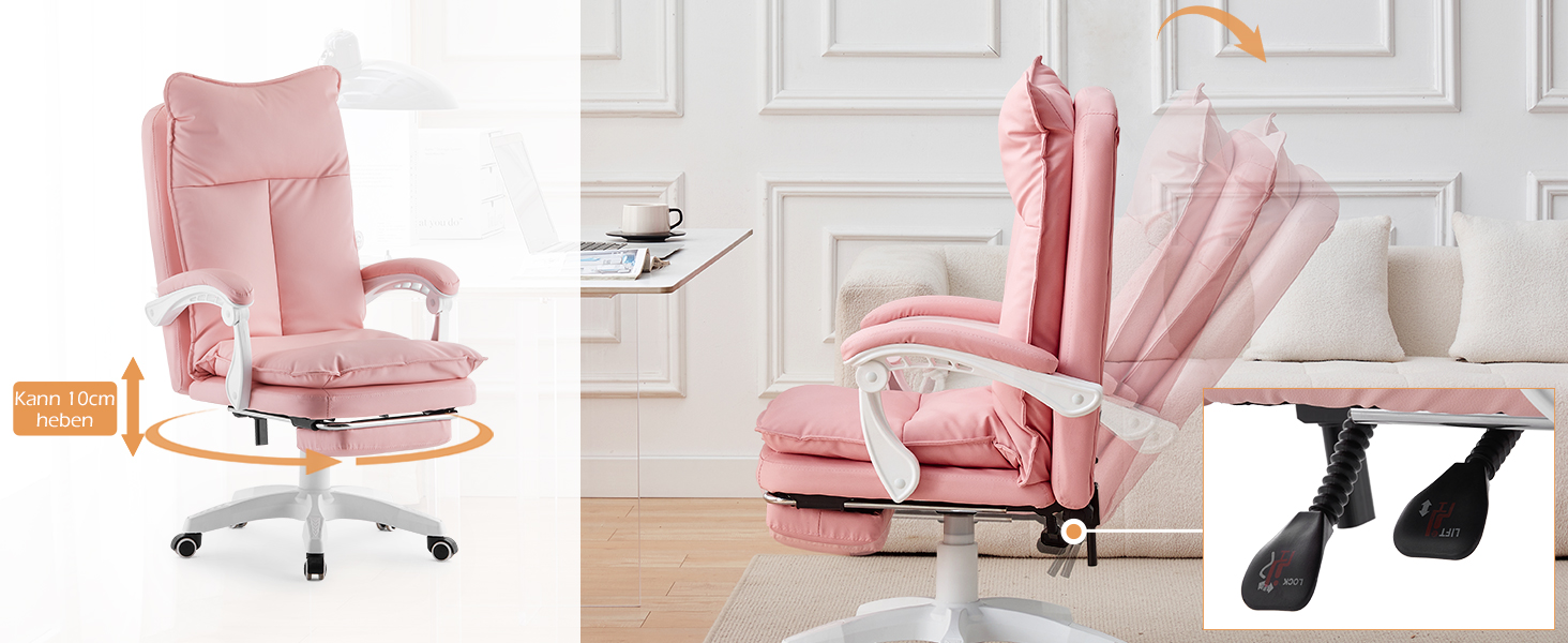 Офісне крісло TUKAILAI: ергономічне, з регулюванням висоти, підлокітники, підставка для ніг, рожеве