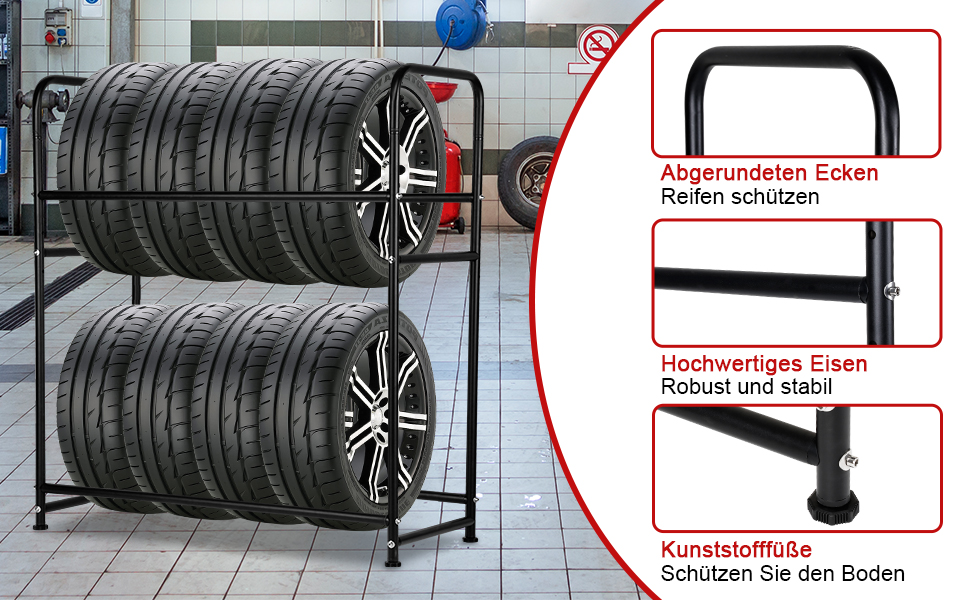 Стеляж для шин 107 x 46 x 117 см: міцна конструкція на 8 шин, регулювання висоти, вантажопідйомність 180 кг, з захисними чохлами, для гаража, підвалу, майстерні