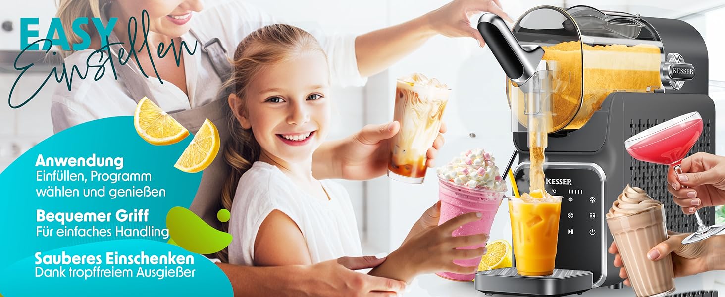 Машина для приготування сляш KESSER® - сляш-мейкер 2л - для сляш, коктейлів, фраппе, молочних коктейлів та замороженого соку - 25 хв та 6 програм - 3 стаканчика та книга рецептів в комплекті, антрацит