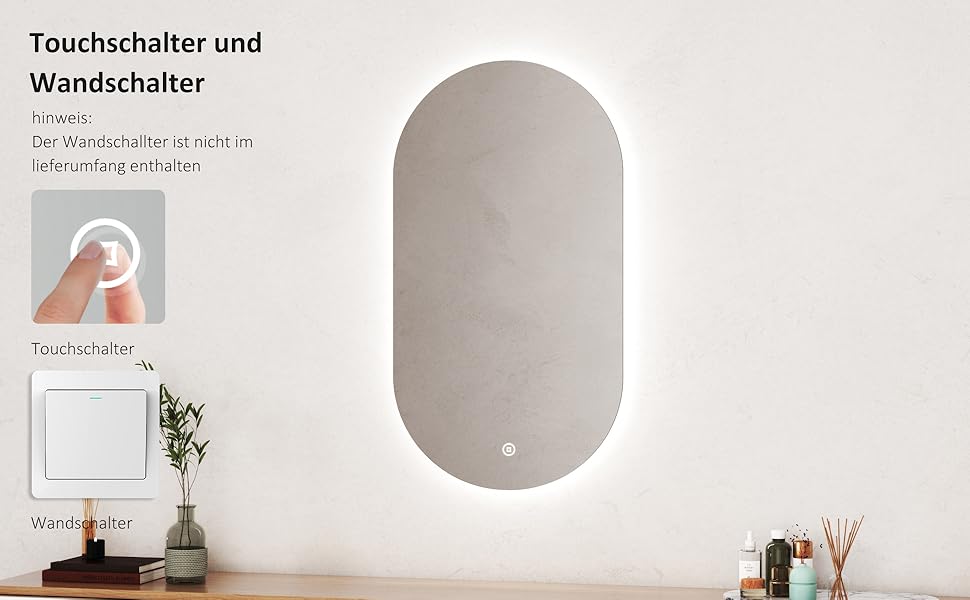 Дзеркало для ванної кімнати Boromal з підсвічуванням, овальне LED, 50x90 см, сенсорне керування, диммування, 3 кольори світла