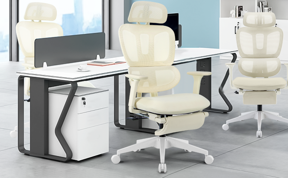 Ергономічне крісло для офісу з підніжкою, висока спинка, 2D-підголівник, відкидні підлокітники, сидіння з губки, сітчастий офісний крісло, крісло для начальника, комп'ютерне крісло для дорослих (кремовий)