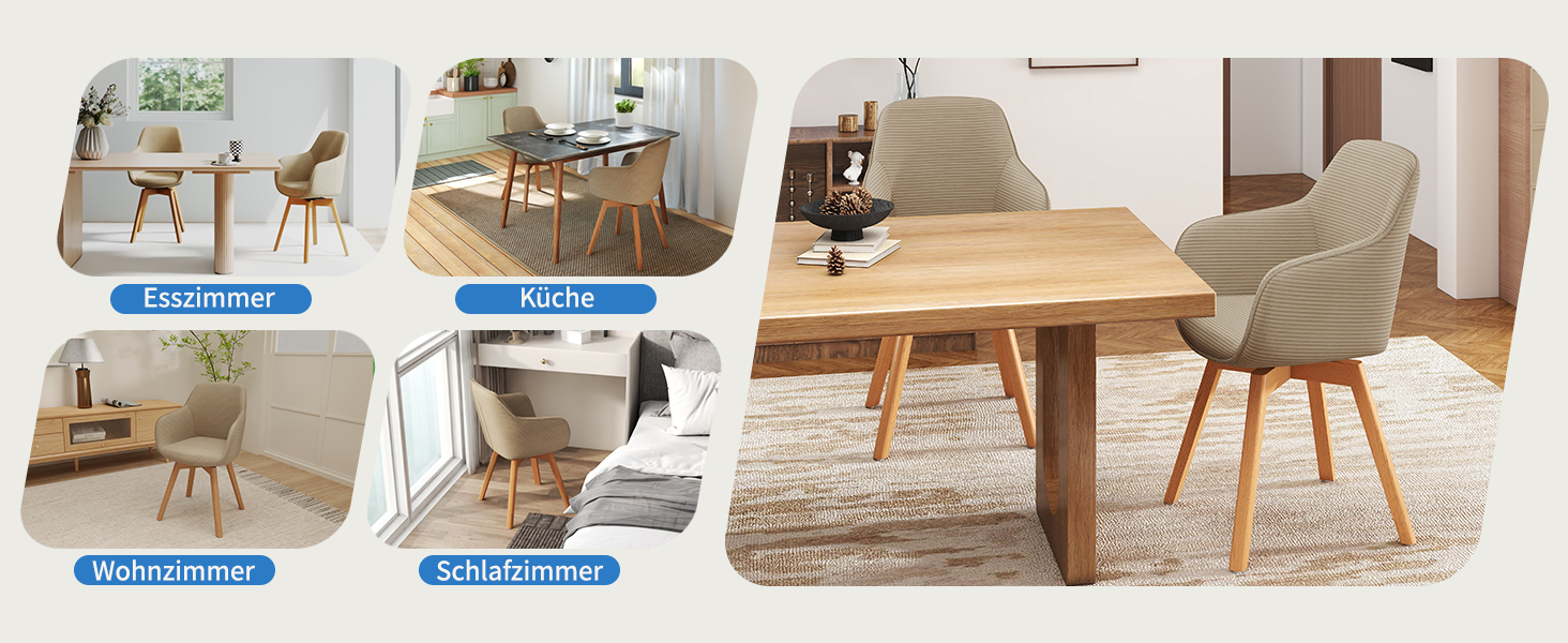 LEWE Комплект з 4 обертових стільців для їдальні з підлокітниками, 360° обертання, сучасна тканина Cord, стільці для кухні з дерев'яними ніжками та спинкою для вітальні, їдальні, спальні (Хакі, 4шт)