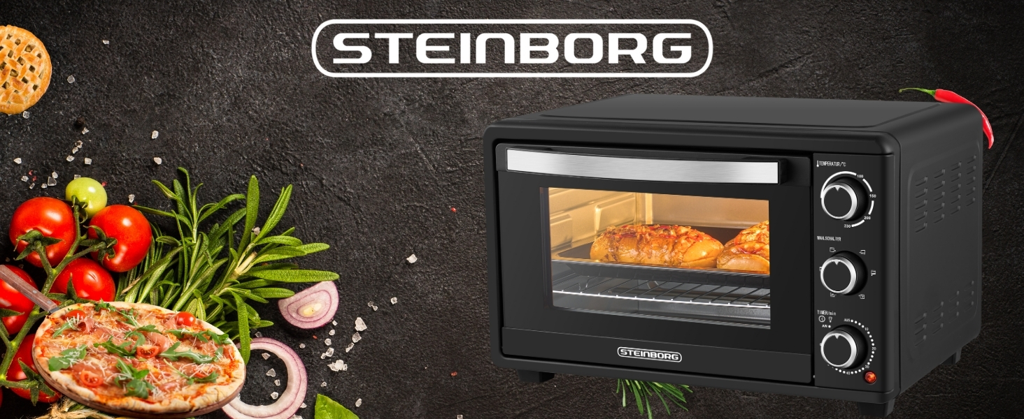 Міні-піч Steinborg 25 л з конвекцією: піч, піца, хліб. Таймер, 100-230°C, зйомний піддон. Економне споживання енергії