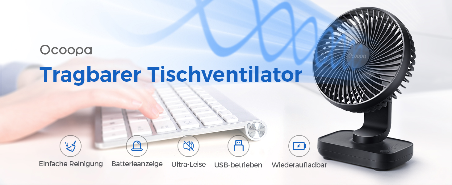 Вентилятор USB OCOOPA портативний - тихий, 4000mAh, 4 швидкості, настільний, для дому та офісу, чорний/темно-синій