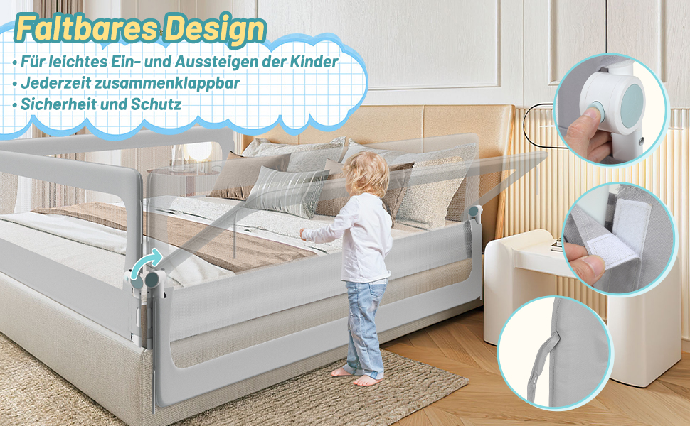 Бортик для ліжка дитячого 200 см, сірий, складаний на 180 градусів, регульована висота 72-86 см, з ременями кріплення