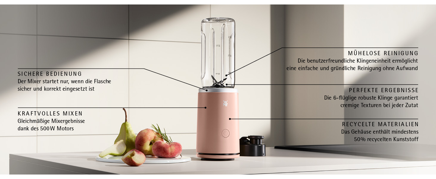 Блендер портативний WMF Mix & Go Touch Smoothie Maker 500 Вт, пляшка для смузі, нержавіюча сталь, рожевий (Pearl Blush)