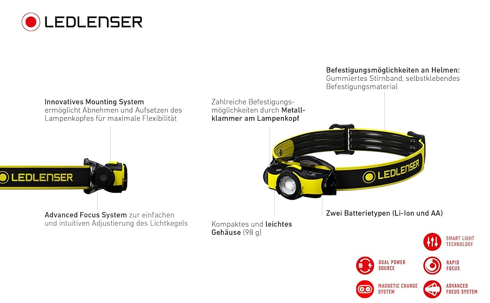 Професійний налобний ліхтар Ledlenser, з тримачем шолома та сумкою на пояс, можлива робота в рукавичках, 600 люмен, з акумулятором, заряджається через USB, світло 158 г (iH5R)