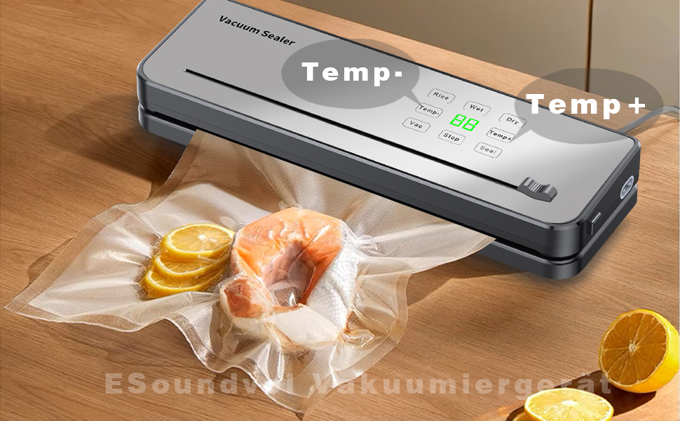 Вакууматор для продуктів ESoundvol 8-в-1 з LED-дисплеєм, вбудованим різаком та контролем температури, 10 пакетів у комплекті