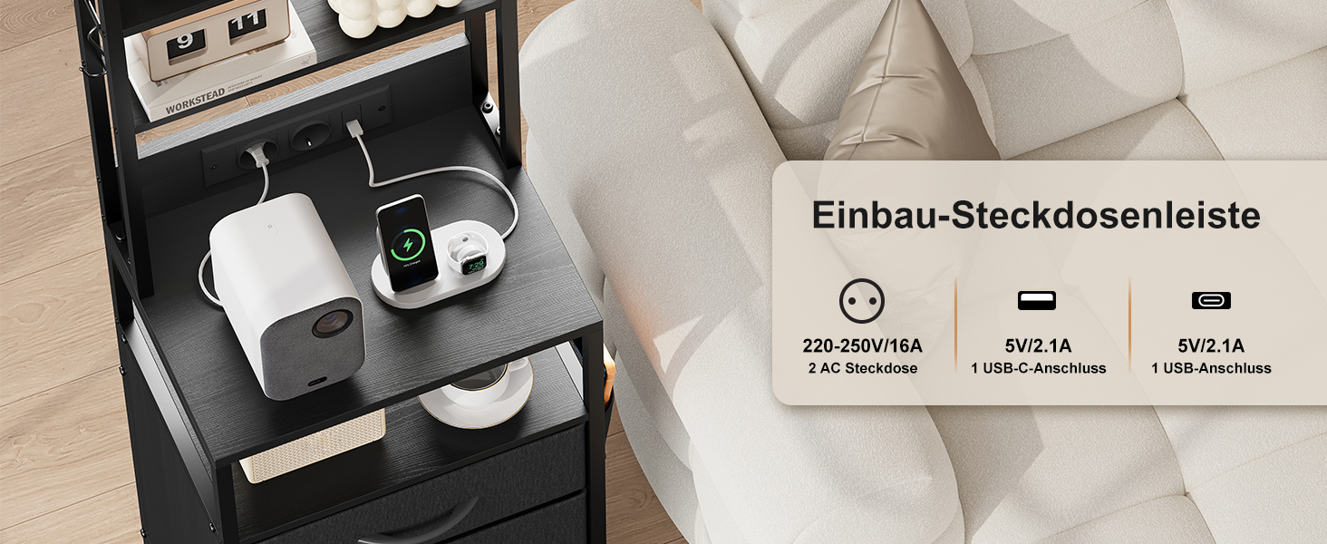 Нічний столик з підзарядкою та LED, приліжний столик з 3 висувними ящиками з тканини, нічник з полицею для книг, відкрите відділення, 2 розетки AC, 1 USB та 1 Type C роз'єми, для спальні, вітальні, офісу (Чорний) 40x30x60 см Чорний 1