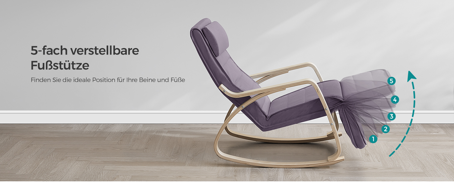 Крісло-гойдалка SONGMICS з підлокітниками з натурального дерева, регульована підставка для ніг, до 150 кг, для спальні/вітальні, темно-натуральний колір (сірий + натуральний, бавовна/поліестер)