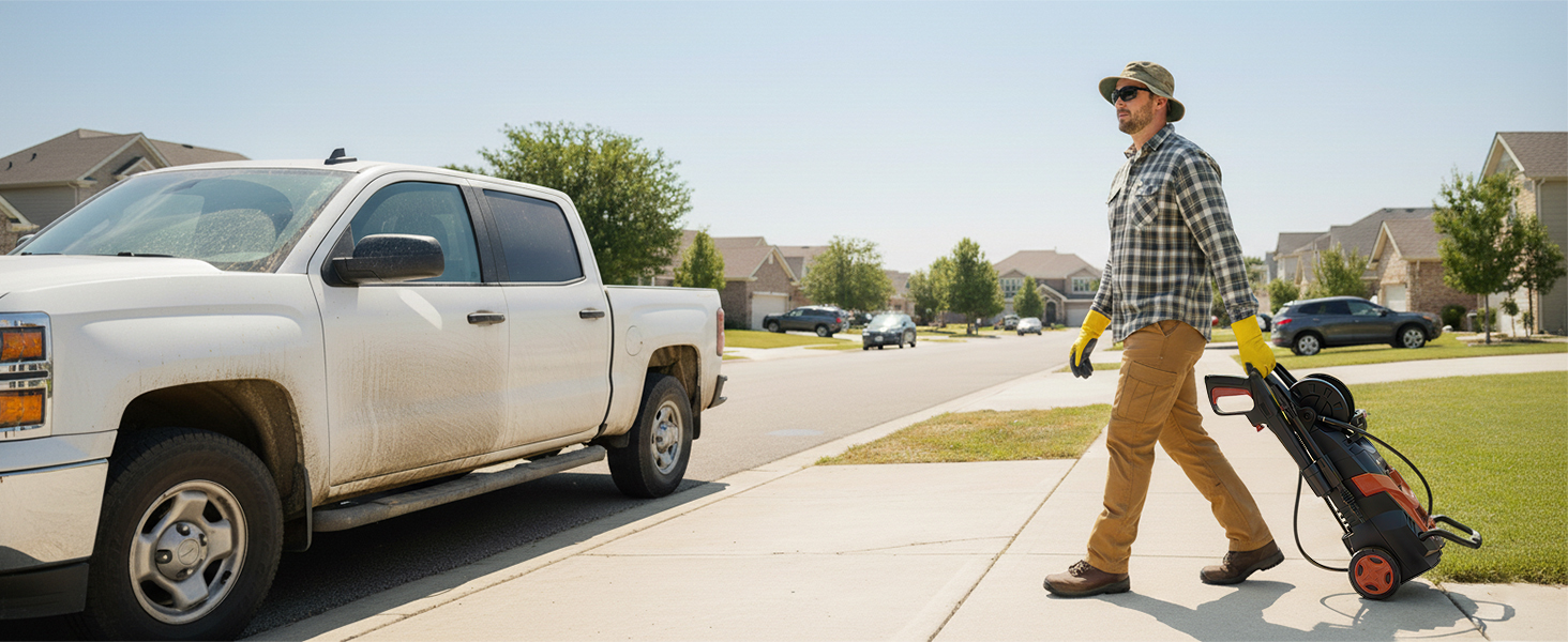 Високотискний мийник 180 бар, 6-в-1 насадка, продуктивність 420 л/год, площа очищення 50 м²/год, економний, з піночистою та барабаном для шлангу, для авто та під'їздів, червоний