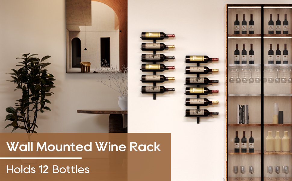 Настінна полиця для вина TJ.MOREE на 12 пляшок, дерев'яний винний стелаж для кухні, бару або їдальні, комплект 4 шт. чорного кольору