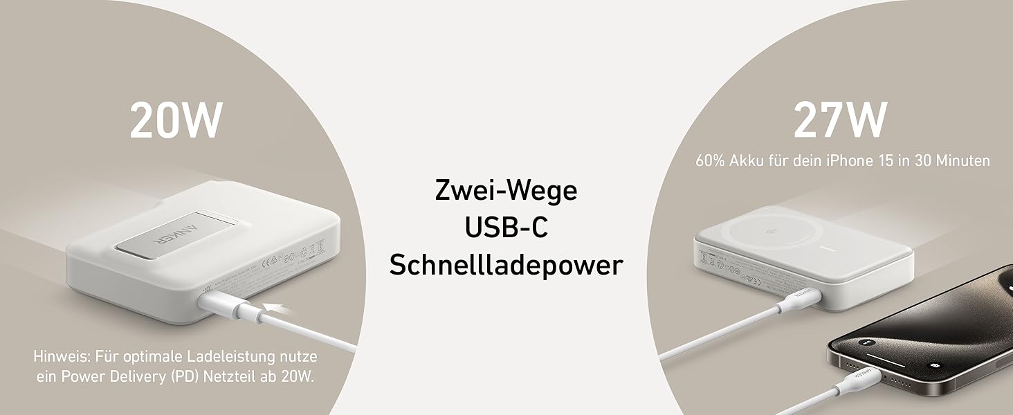 Вт MagSafe Powerbank, 10 000 мАг, дисплей і підставка, включаючи кабель USB-C (білий), 15