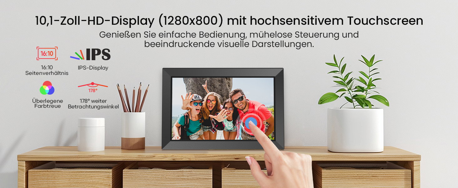 FRAMEO Цифровий фотоальбом 10.1 дюйма з Wi-Fi, IPS сенсорний екран, 32GB пам'яті, автоповорот, чорний