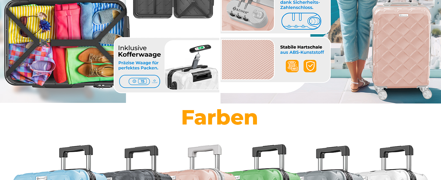 Набір валіз KESSER® 3 шт. | Валізи з ABS, з кодовим замком, ваговою шалькою та органайзером для документів | 360° колеса | Ручна поклажа та великі валізи для подорожей та бізнесу | Сірий колір