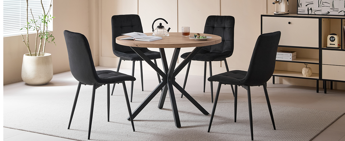 Обідній комплект на 5 персон: круглий стіл 100 см + 4 стільці (голландський флізелін), для кухні, вітальні, балкону, ресторану, офісу (темне дерево + чорний колір)