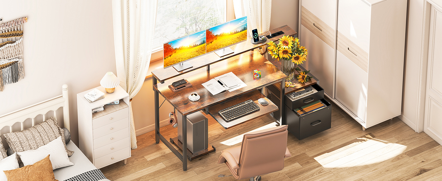 Ігровий стіл Coleshome з LED підсвічуванням, стіл для комп'ютера з висувними ящиками з тканини, 2 розетки та 2 USB порти, стіл для ігор з підставкою для монітора, для дому та офісу, білий (140x48см, коричневий)
