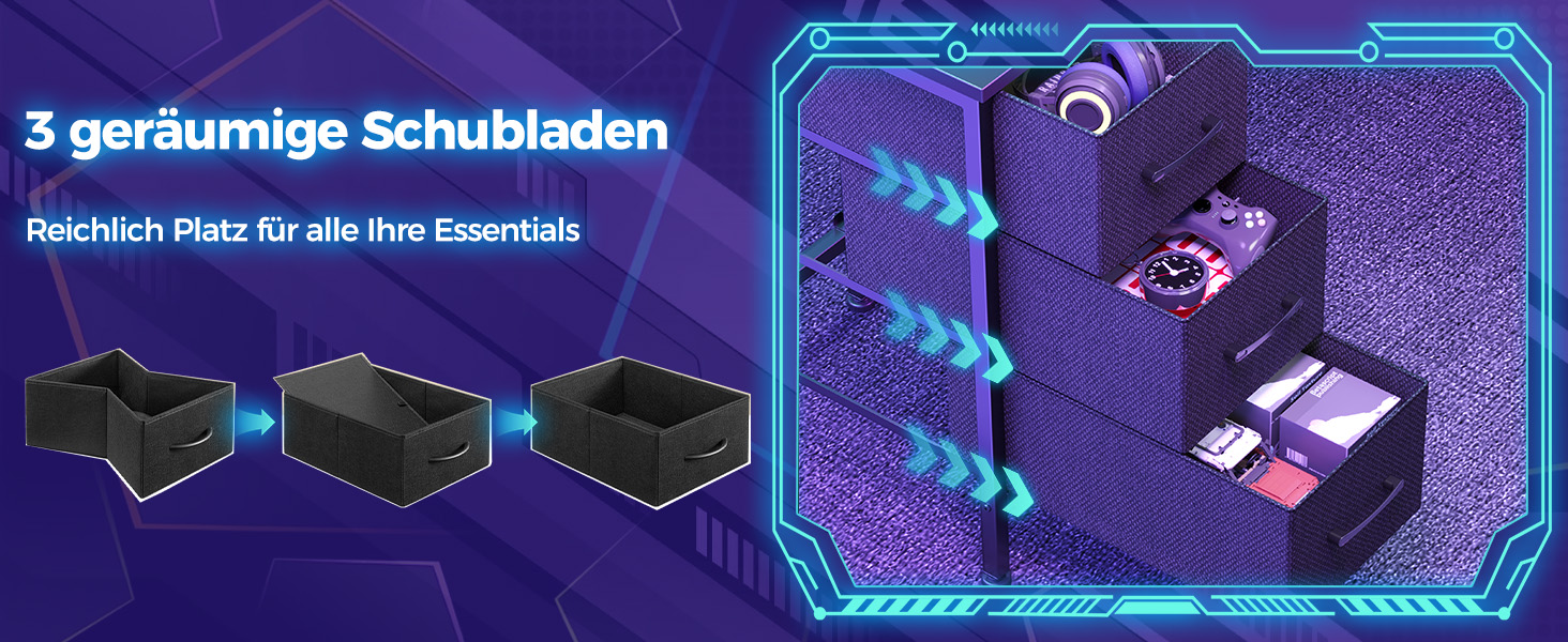 Ігровий кутовий стіл Seventable L-подібний з LED підсвіткою та розетками, 3 ящики, чорний 135x135x88 см