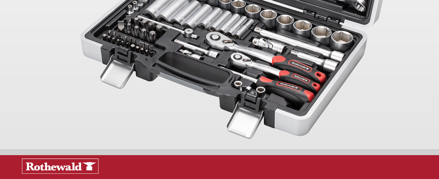 Набір інструментів Zoll 92 частини, з висувними бітотримачами для дюймових біт, тріскачкою з дрібним зубом, сталь Cr-V сіро-червоний