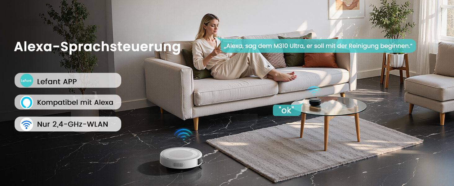 Робот-пилосос Lefant M310 Ultra з функцією миття підлоги, білий. Для тварин, килимів, з керуванням через додаток та Alexa.