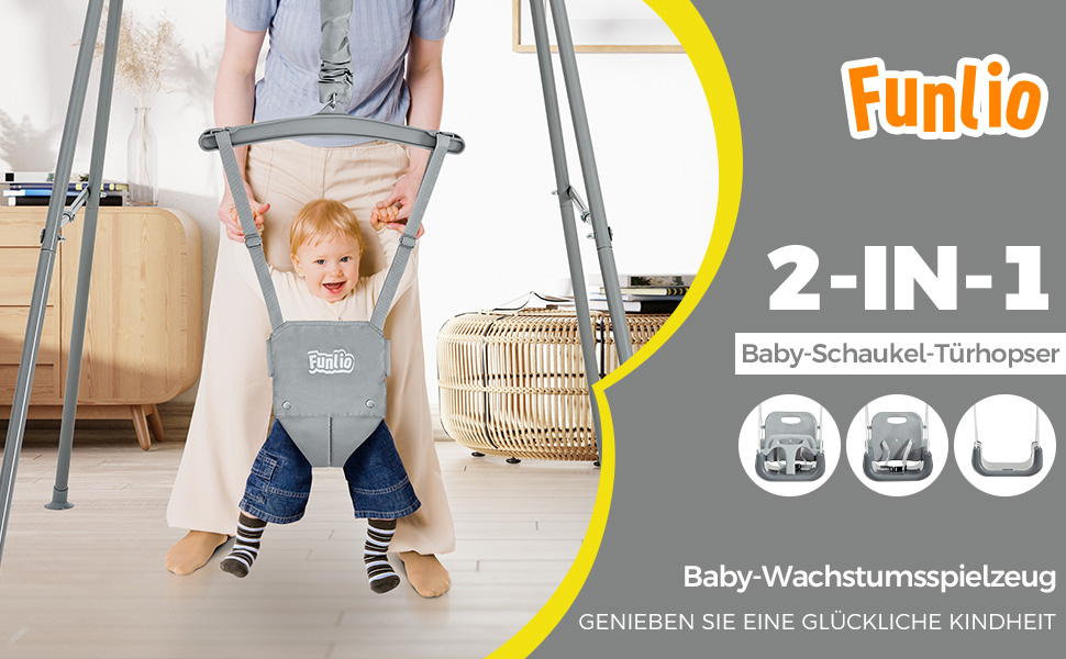 FUNLIO Набір гойдалок 2-в-1 та дитячий фітнес-арка для малюків, гойдалка для дітей з 4 мішками з піском, складаний металевий стійка для дому та вулиці, легко збирається та зберігається - Сірий