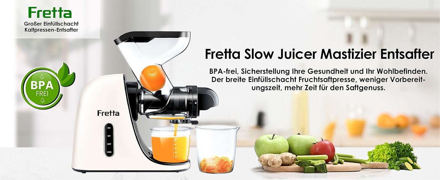Фрета Slow Juicer: Електрична холодний відцентровий соковитискач для овочів та фруктів, 200W, 76 мм, легке очищення (кремовий)