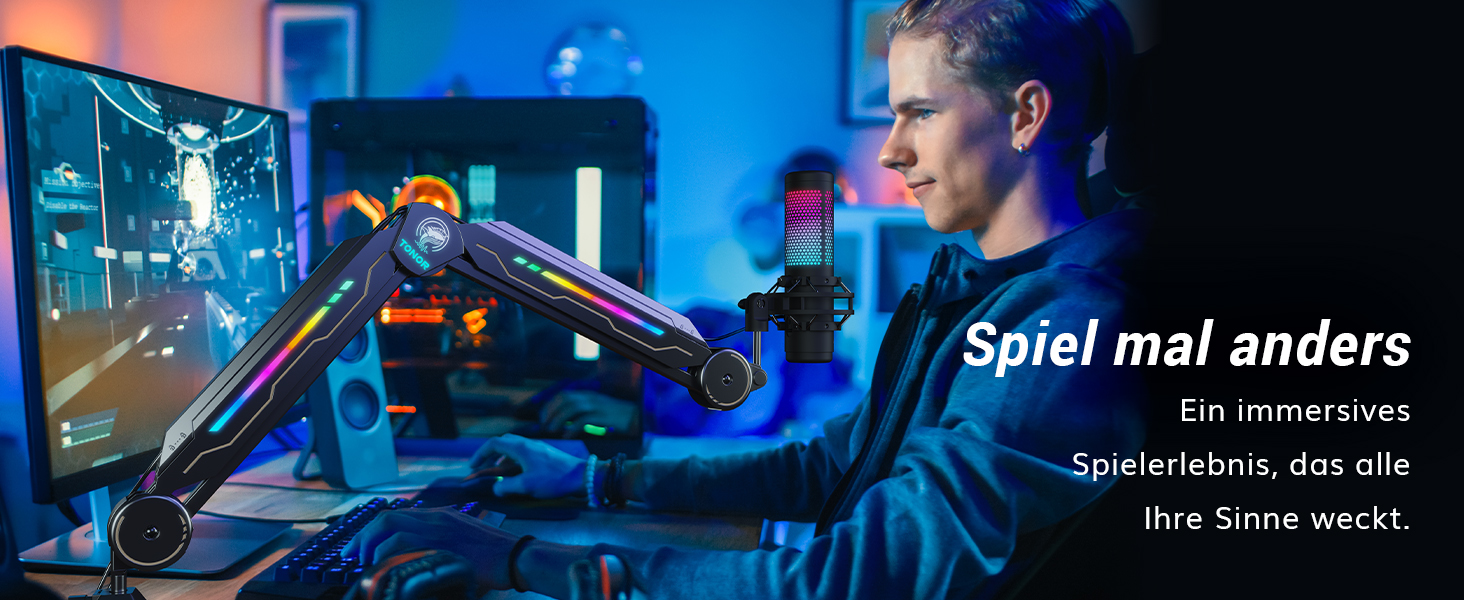 Мікрофон геймерський TONOR з RGB підсвіткою та тримачем - регульований мікрофонний кронштейн T90 з 11 ефектами для стрімінгу