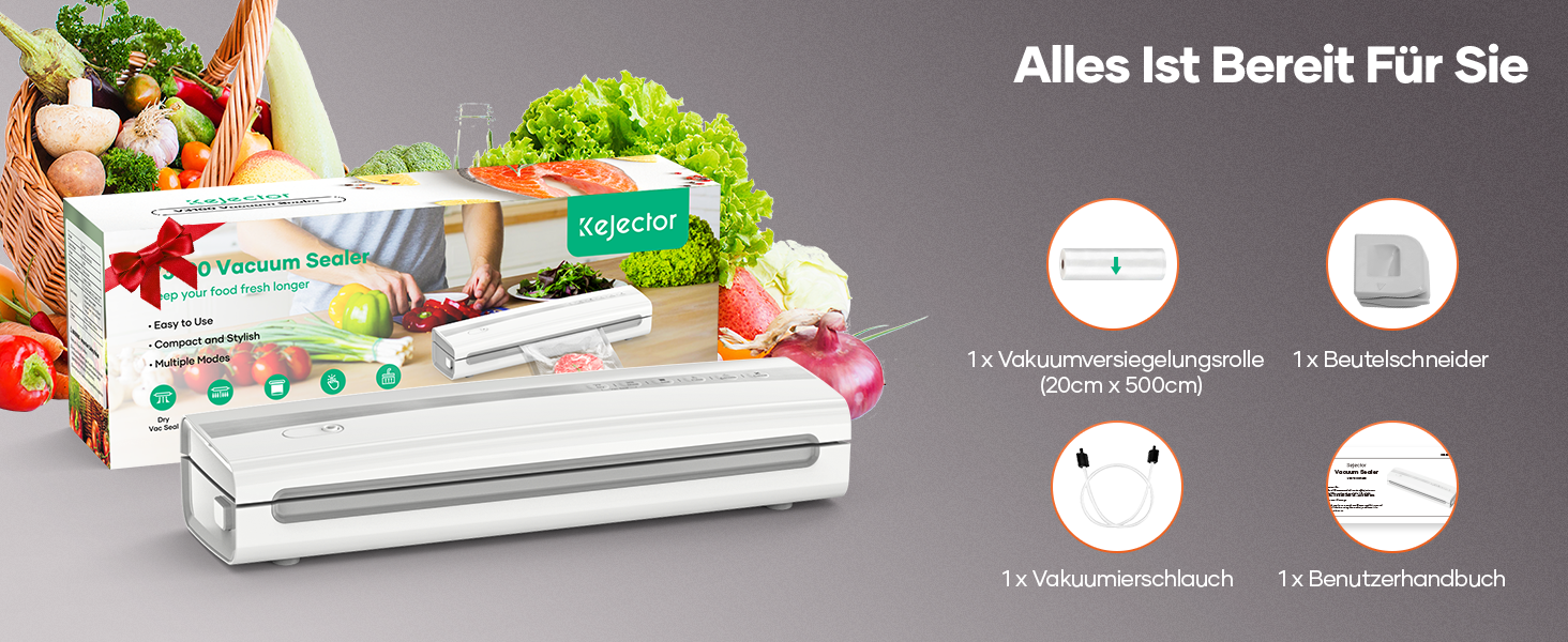Вакуумний пакувальник Kejector для продуктів з роликом 5м, ножем та шлангом - багатофункціональний, сухий/вологий режим для тривалого зберігання