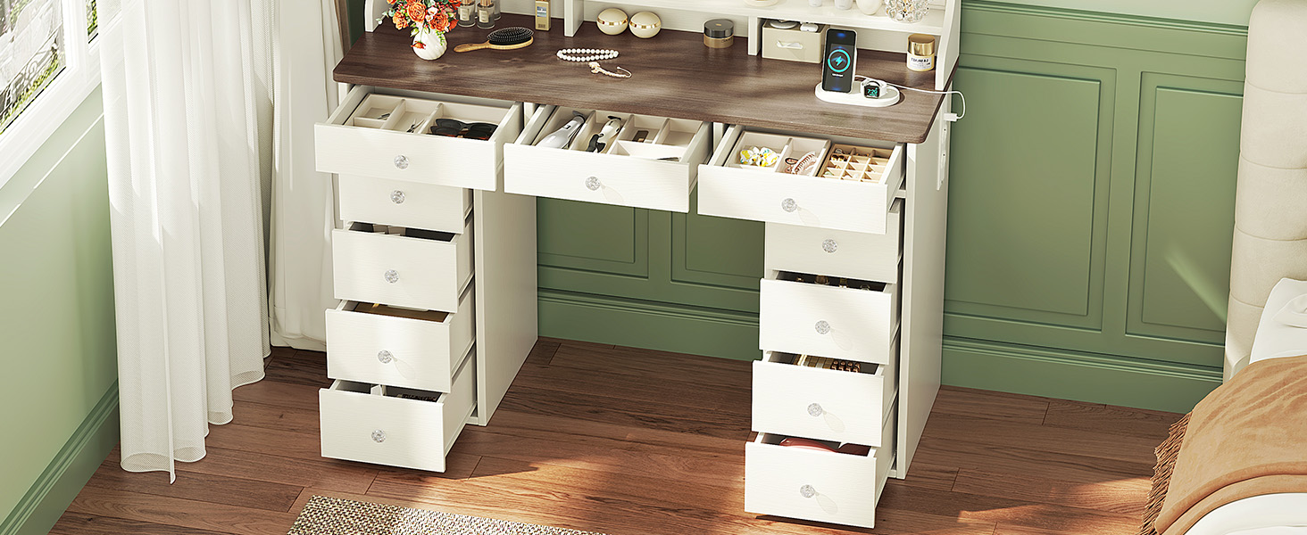 Дзеркальний туалетний столик Dripex з підсвічуванням, 11 шухляд, великий LED-дзеркало, розетка, регульована яскравість, білий (110см, вінтажний коричневий)