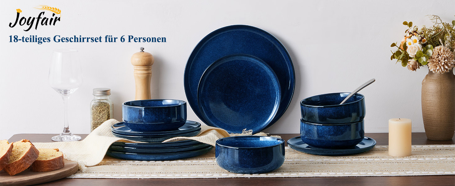 Набір посуду Joyfair на 6 осіб (18 предметів) з кераміки, блакитного кольору. Тарілки, миски, глибокі тарілки. Для мікрохвильовки та посудомийної машини.