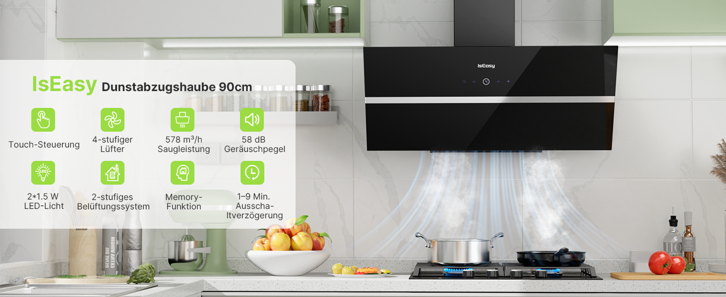 Витяжка кухонна IsEasy 60 см, чорна, потужність 578 м³/год, 4 рівні швидкості, режим рециркуляції та відведення повітря, таймер вимкнення, клас енергоефективності A++
