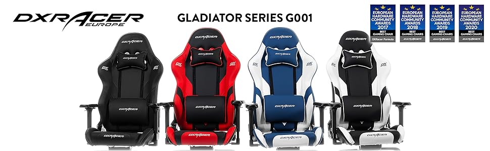 Ігрове крісло DXRacer Gladiator G001, штучна шкіра, синьо-білий, до 200 см