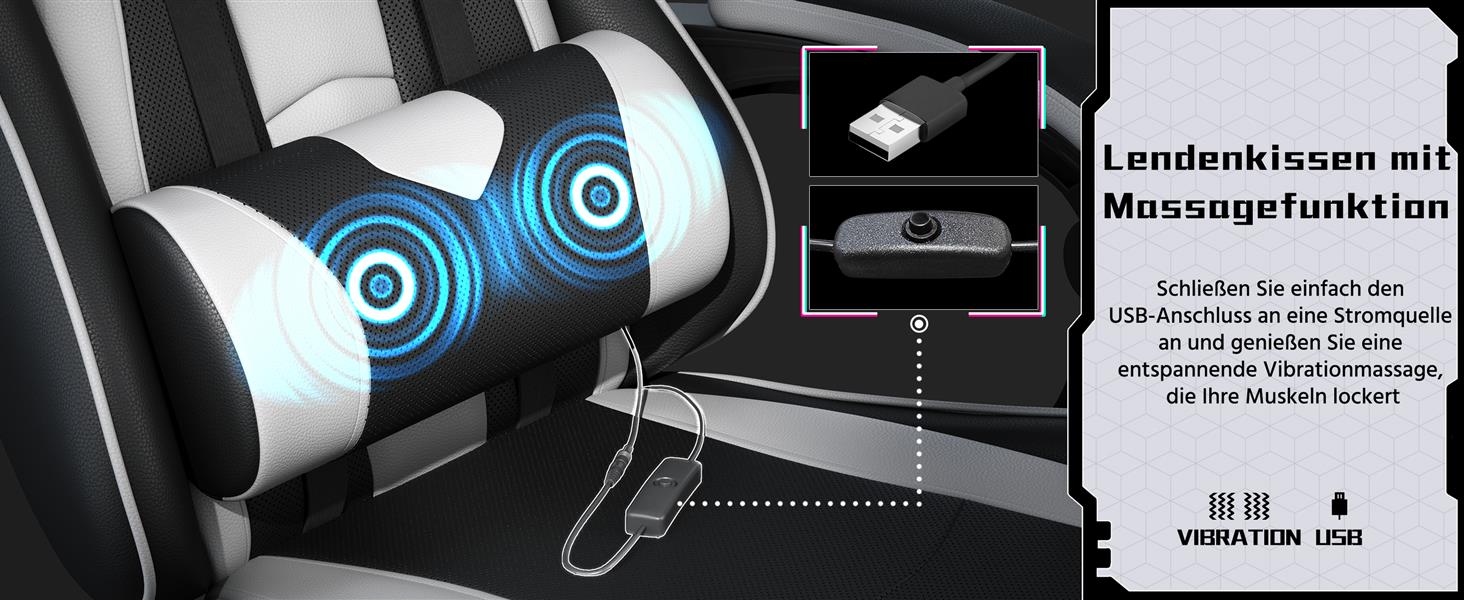 Ігровий крісло Yaheetech з масажем, комп'ютерне крісло з підніжкою, біле, регульована спинка 90-135°