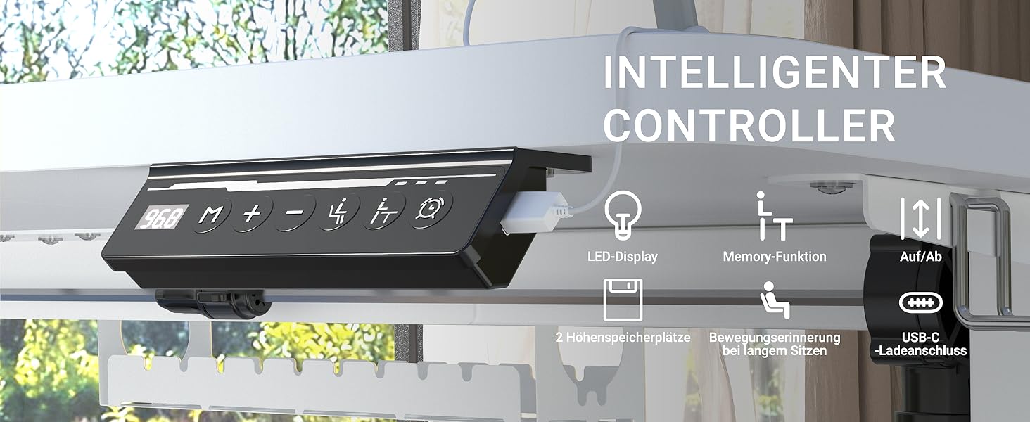 Регульований стіл з USB-C зарядкою 140 x 60 см, пам'ять, електричний, стабільний, стоп-стіл, регульований комп'ютерний стіл (білий, 140 x 60 см)