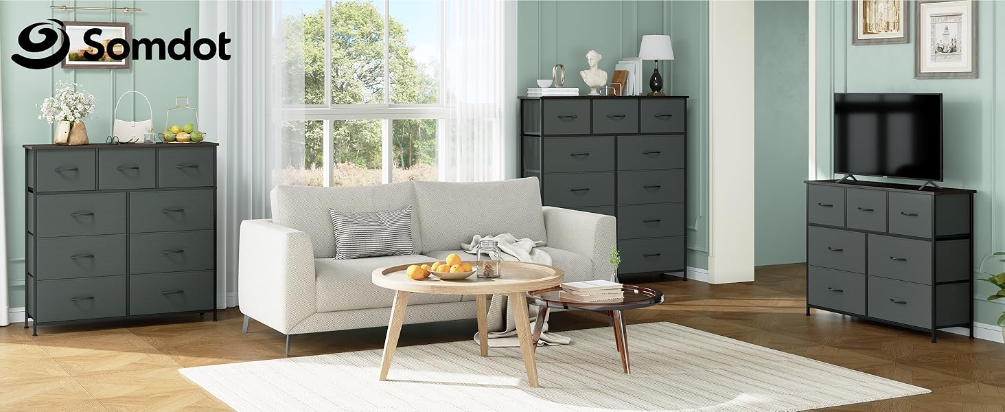 Комод з шухлядами Somdot, тканинний комод, комод для спальні, вітальні, передпокою, 5/11 шухляд, білий, штучна шкіра (кольори: котравий сірий, 30T x 100B x 118.5H см)