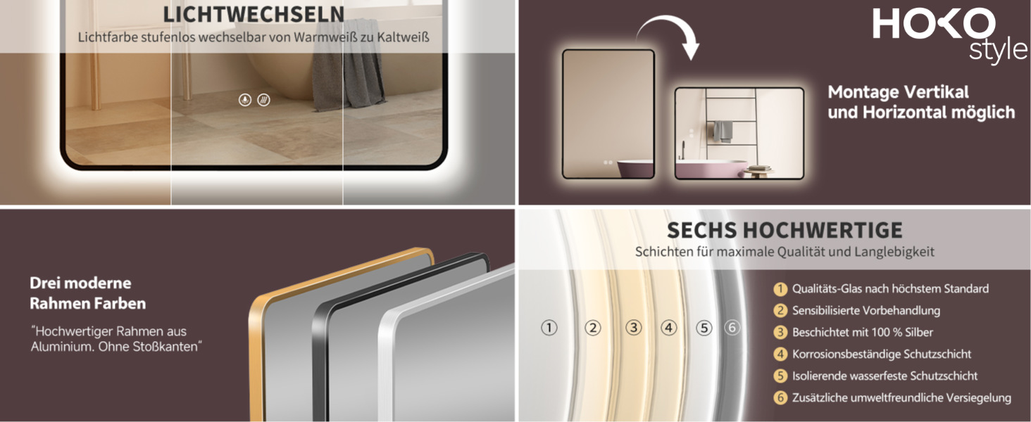 Дзеркало для ванної кімнати HOKO LED Texas 60x80 см / 80x60 см з підсвіткою, підігрівом проти запотівання та чорним металевим каркасом. Можливість встановлення HOCH+QUER. Сенсорне керування, зміна кольору світла 2700-6500K (тепле біле - холодне біле - нейтральне). Розміри: 80x60 см