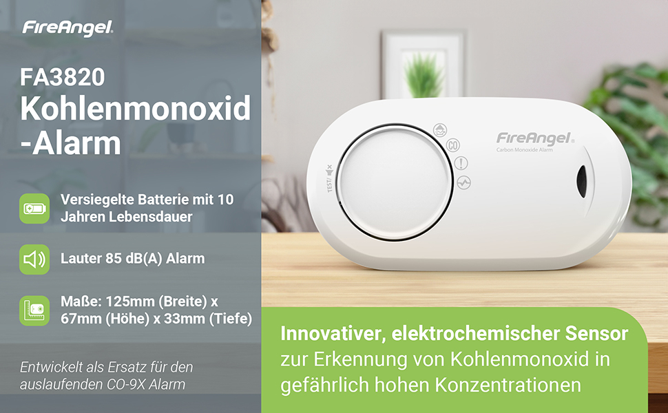 Детектор чадного газу Fire Angel FA3820 з батареєю на 10 років - для дому та подорожей, портативний CO-детектор та сповіщувач, білий
