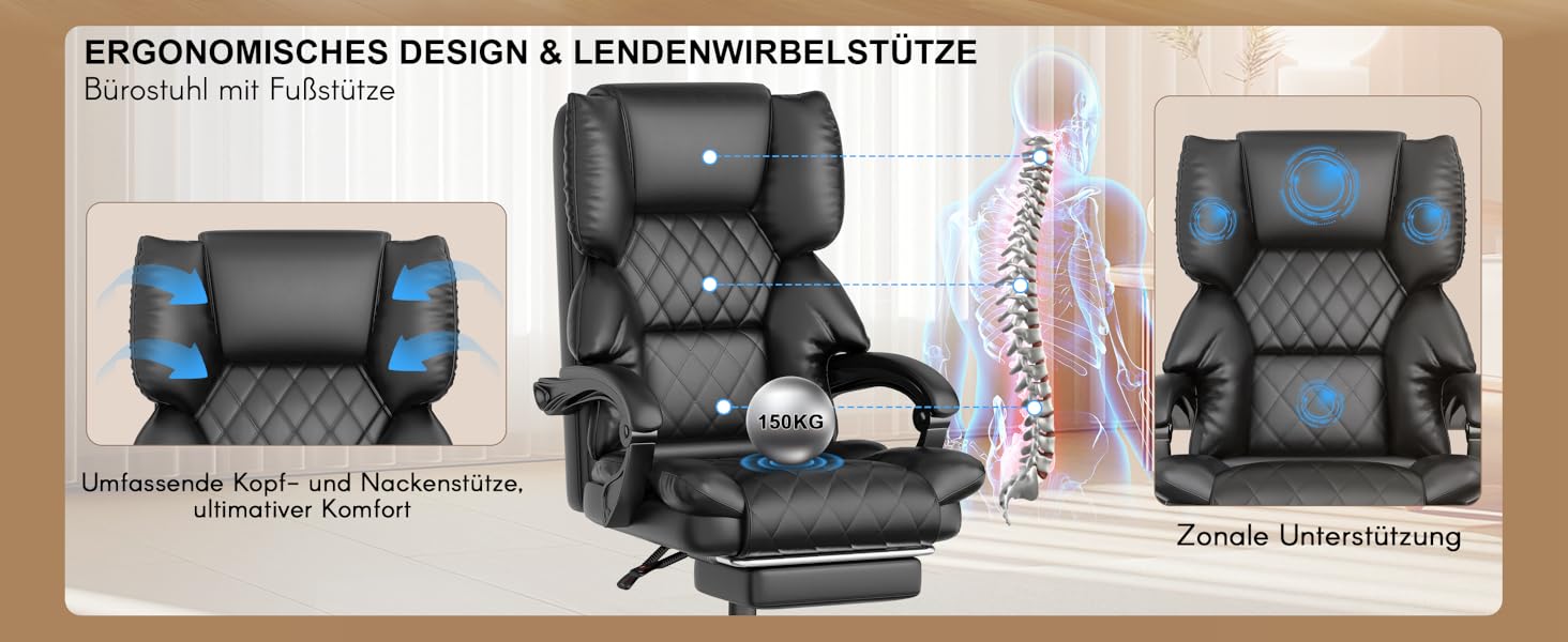 Офісний крісло-шезлонг для кухні від NaspaLuro з підніжкою, чорного кольору. Ергономічний комп'ютерний стілець з PU шкіри, м'якими підлокітниками та регульованою спинкою. Регульована висота, поворотний механізм. Без підігріву.