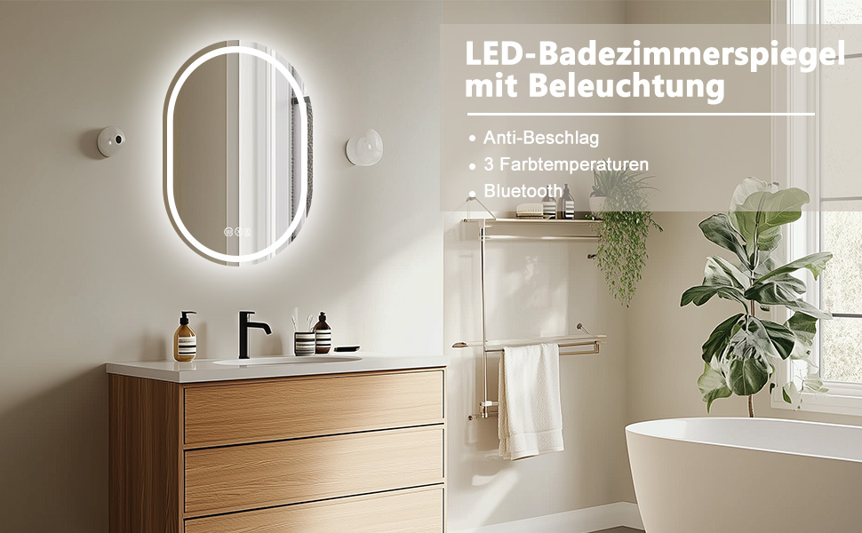 Дзеркало для ванної кімнати Trintion з підсвічуванням, 50x70 см, овальне, з годинником та сенсорним вимикачем, протизапотівальне, диммування, 3 кольори світла (3500K-6500K)