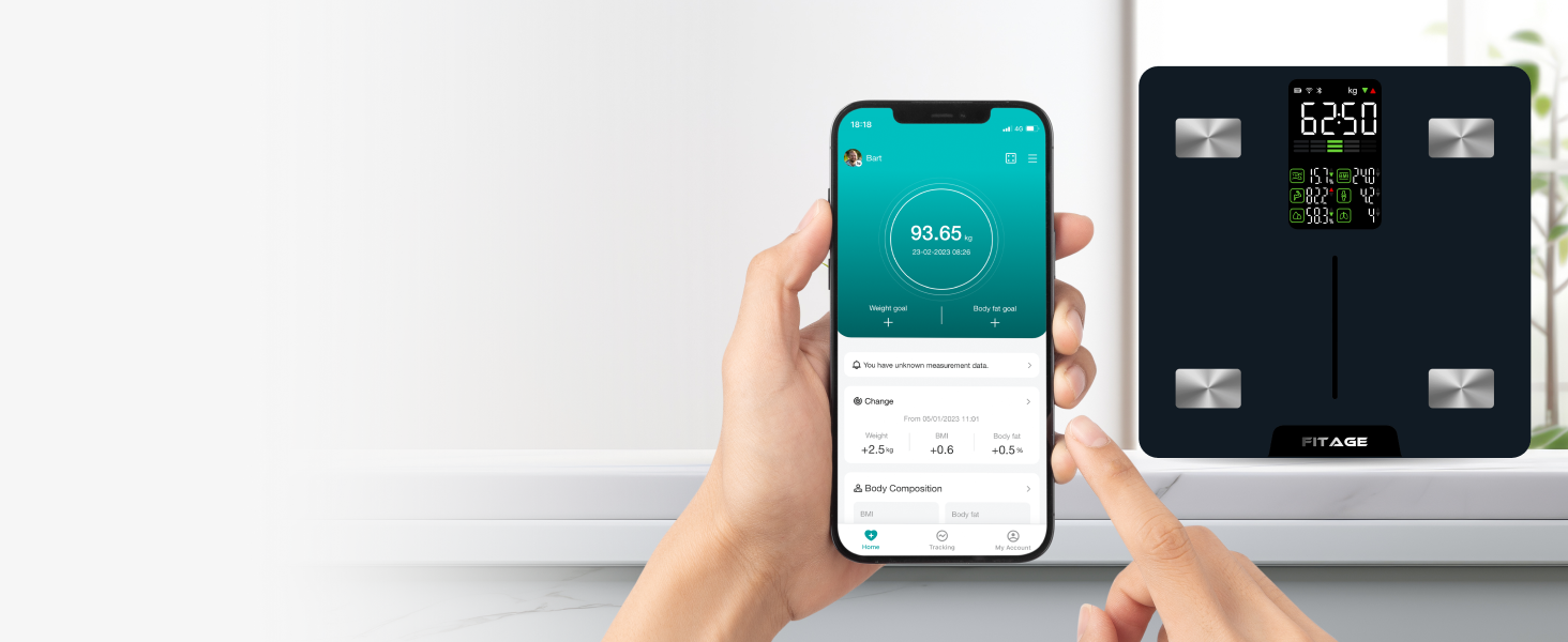 Ваги для ванної кімнати FITAGE цифрові, переможець тесту 2024 року, шкала жиру в організмі, 17 виміряних значень, додаток, до 180 кг, світлодіод