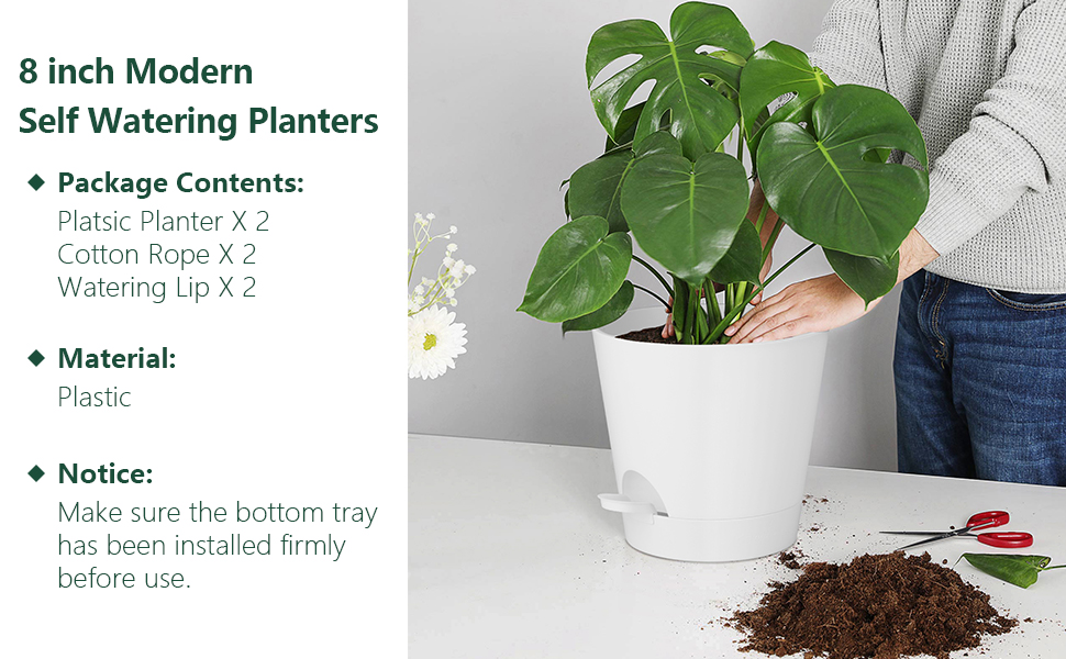 Набір горщиків для квітів 2 шт. 25.4 см та 20.3 см, пластик, з системою поливу, для дому, балкону, саду, сукулентів, кактусів (зелений, білий)