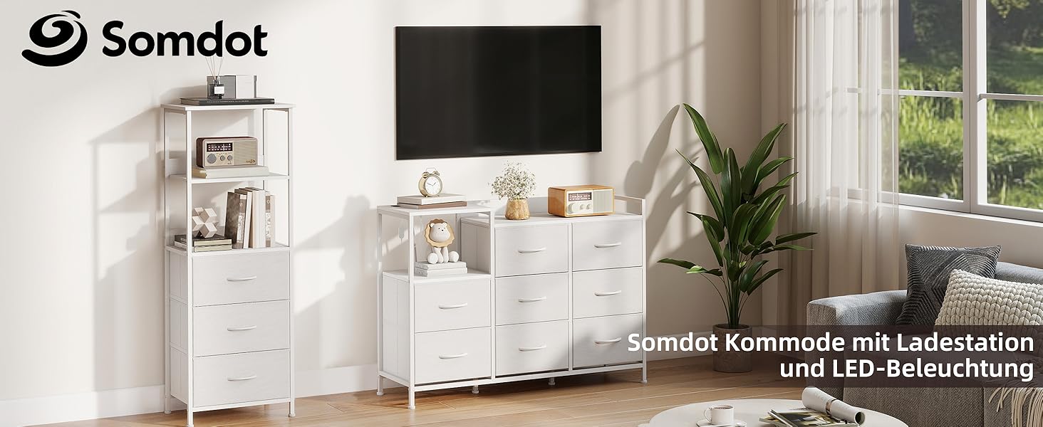 Комод Somdot для спальні, вітальні, прихожої з шухлядами, LED-підсвічуванням та розетками (2 AC, 1 USB, 1 Type-C), 5 тканинних шухляд, білий, 29T x 66,5B x 70,5H см (Комод Somdot з 8 шухлядами, біле шкірозамінник, 29T x 99B x 70.5H см)