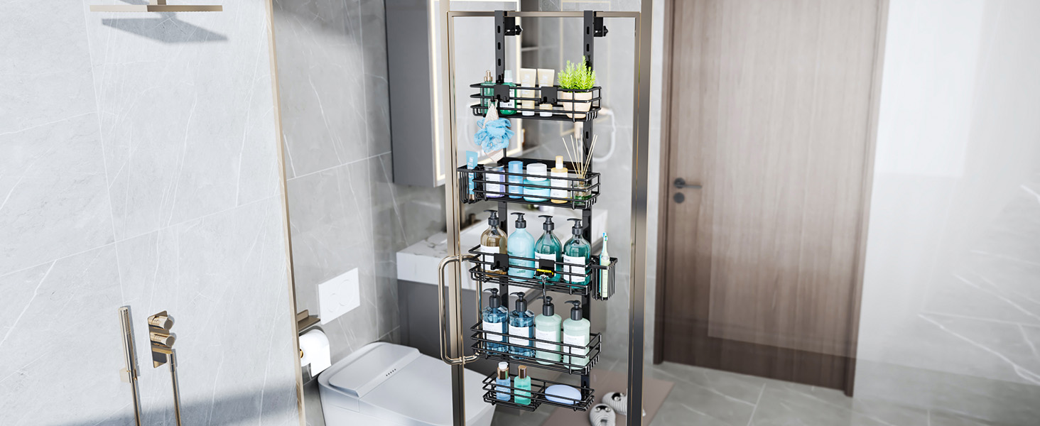 Дзеркальна поличка для душу HapiRm на двері з 22 гачками та тримачами для зубних щіток - 5 ярусів (Чорний)