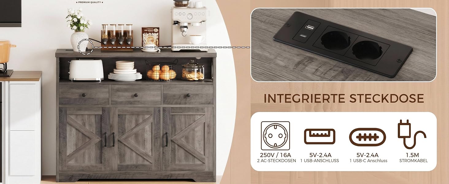 Кухонна шафа-сервант IRONCK з розетками (2AC+1USB+1C), комод з 3 шухлядами та 3 дверцятами, кавовий столик для вітальні та їдальні, регульована полиця, 107x35x95см (Okan)